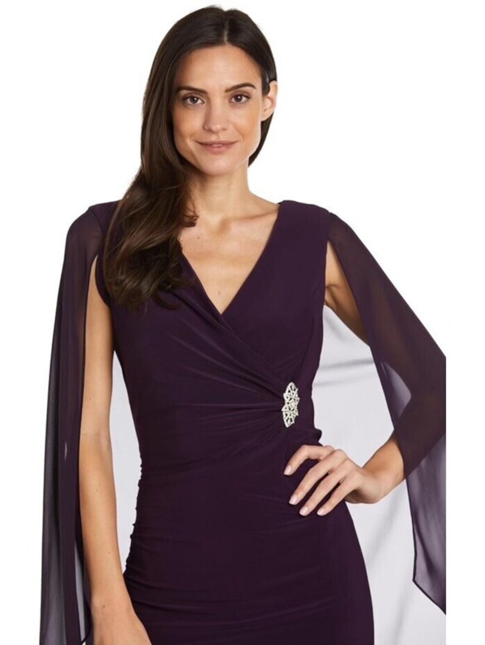 R & M Richards Women's Embellished Chiffon Cape Dress Size 10 In Plum